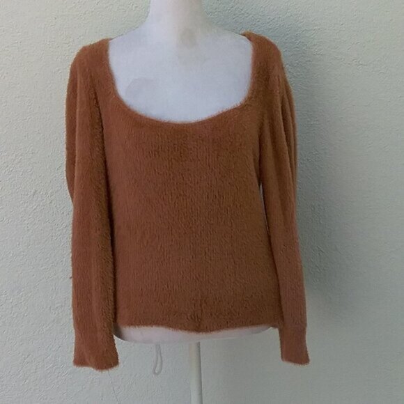 Free People Sweater Women's Size Medium "Moonbeam" Pullover Fuzzy Brown - Picture 2 of 5